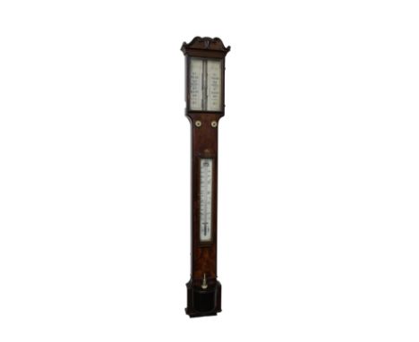 signed "J.B. Le Roy, Jersey" with scales divided between 27-31, plain mahogany case with swan neck pediment and thermometer t