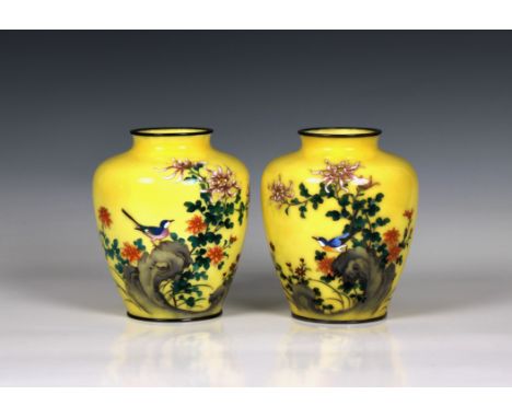 Meiji period, each decorated in fine silver wire with a long tailed blue bird on rocks beside curly petalled chrysanthemums a