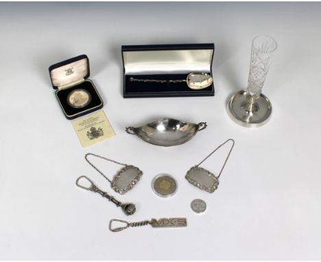 designed by Steven Green, hallmarked by R&amp;R., Birmingham, 2000, boxed with paperwork; pair of decanter labels, Whisky &am