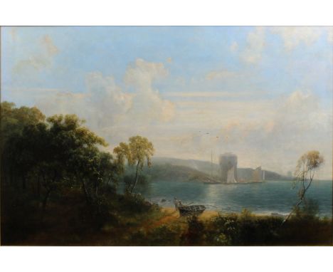 "Martello Towers, Jersey", oil on canvas, signed lower right, fragment of a 19th century label on reverse inscribed in ink "M