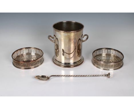 6¼in. (15.9cm.) high, together with a pair of French Christofle silver plated wine coasters, 5in. (12.7cm.) diameter, and a s