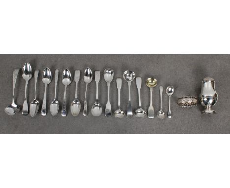 to include four Georgian bright cut silver teaspoons, together with various other tea spoons, condiment spoons, various maker