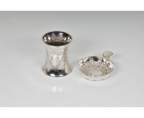 of small waisted form, bright cut with ribbon swag decoration, inscribed 'D. vV. 16.2.22', 2 5/8in. (6.8cm.) high, 2.28 tr.oz