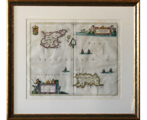 Map of Jersey and Guernsey, inscribed "Sarnia Insula, Vulgo Garnsey et Insula Caesarea, Vernacule Jarsey", hand coloured engr