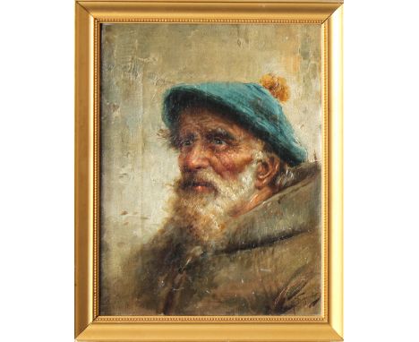 Portrait of an elderly couple, the bearded man in a cloth hat and his wife wearing a scarf, oil on canvas, framed, 9¼ x 6½in.