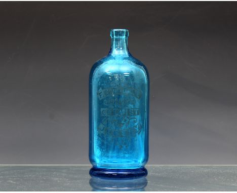 mid blue syphon, straight sides, rounded flared foot, acid etched to front F. G. DE FAYE CHEMIST JERSEY, below MADE IN FRANCE