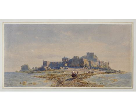 Elizabeth Castle, Jersey, from the Causeway, watercolour, signed and dated 1875 lower left, modern reproduction frame, 10 1/8