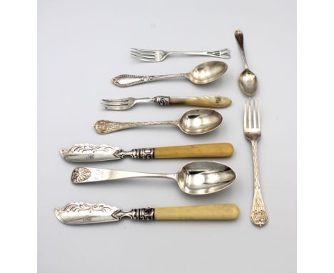 to include a pair of silver bladed fish knives with bone handles by Martin, Hall &amp; Co, Sheffield, 1862; Christening fork 