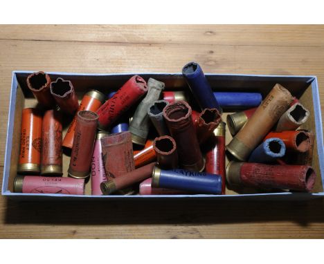 Selection of various assorted vintage paper cased shotgun cartridge cases including Eley 8 bore, 10 bore, 12 bore etc