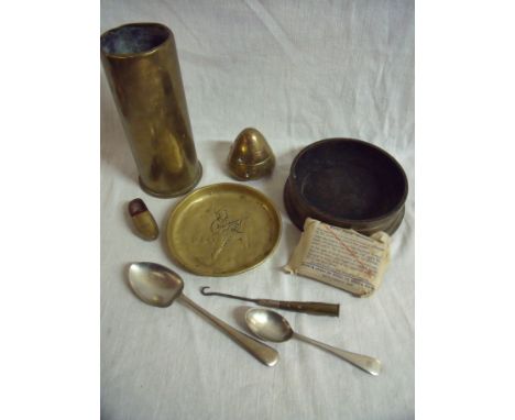 27 GD62 Elec. Eng. Start casing, trench art button hook, military issue 1945 spoon similar teaspoon etc.