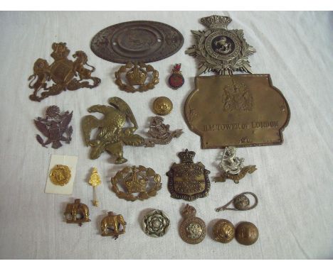 Selection of various assorted military and other badges, plaques etc including pressed plaque for H.M.Tower of London, Victor