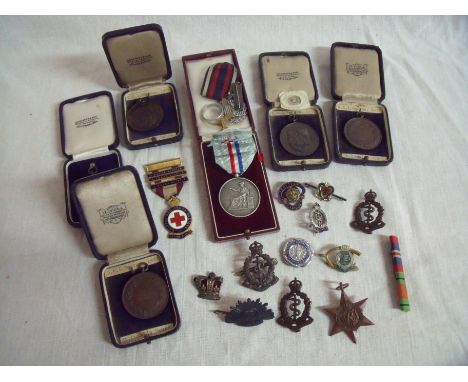 Selection of various military and sporting related badges and medals including enamel British Legion lapel badge 451721, Fran