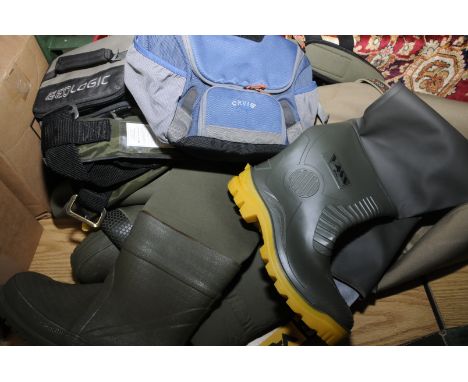 Pair of Ron Thompson 46/47 chest wadders, a Geologic bag with various fly cases, a manual pull life jacket, Vas-Tex 700E wadd