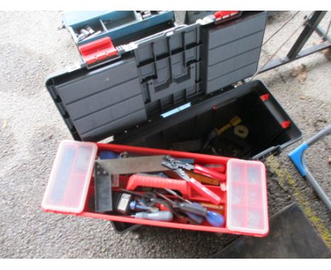 LARGE PLASTIC TOOLBOX CONTAINING WOOD AND HOUSEHOLD TOOLS