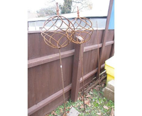 PAIR OF METAL GARDEN ORNAMENTS OF A BALL ON STICK, HEIGHT APPROX 160CM