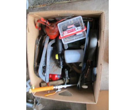 BOX CONTAINING VARIOUS WORKSHOP AND OTHER TOOLS ETC