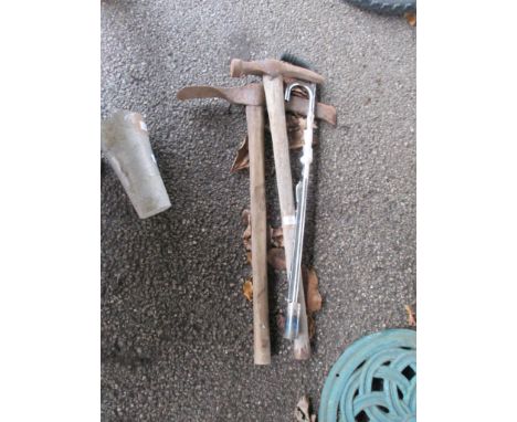 TWO GARDEN TOOLS, SMALL GALVANISED POT AND A WEED BURNER