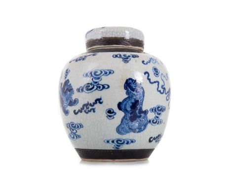 CHINESE BLUE AND WHITE GINGER JAR EARLY 20TH CENTURY  decorated with Buddhist lions among clouds, incised four character mark