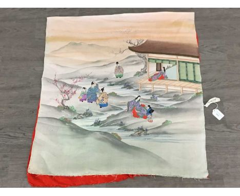 JAPANESE PRINTED AND EMBROIDERED SILK PANEL depicting a river landscape with figures on each back beside prunus, female figur