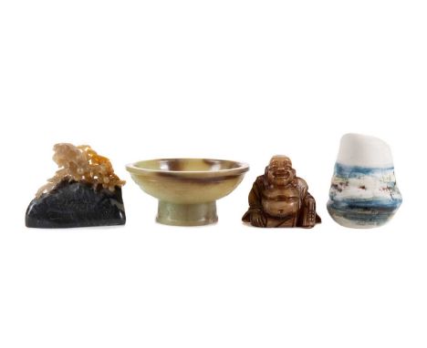 CHINESE JADE BUDDHA 20TH CENTURY  along with a Korean studio pottery brush washer/pot, an archaistic hardstone stem bowl and 