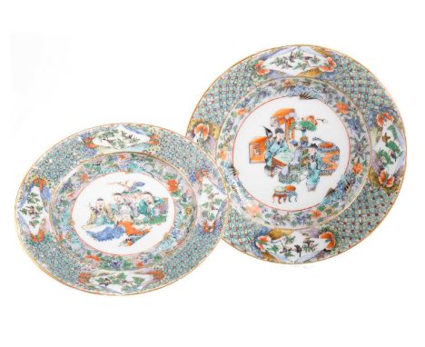CHINESE CANTON BOWL  MID/LATE 19TH CENTURY along with a similar plate, each painted with a scene of figures to the centre and