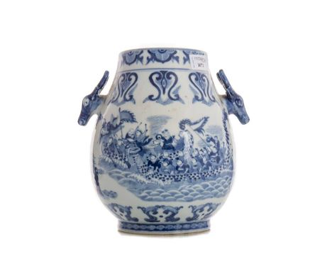 CHINESE BLUE AND WHITE OVOID VASE LATE 19TH/EARLY 20TH CENTURY  with twin applied deer head handles, painted with Dragon Boat