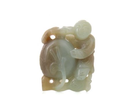 CHINESE JADE CARVING 20TH CENTURY modelled as a boy with peach4.5cm highTiny nicks to the two leaf-like pieces curving over a