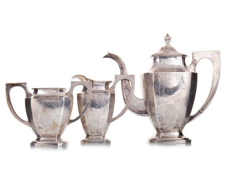 CHINESE MATCHED SILVER THREE PIECE TEA SERVICE 19TH CENTURY comprising a tea pot, jug and twin handled lidded jar, each decor