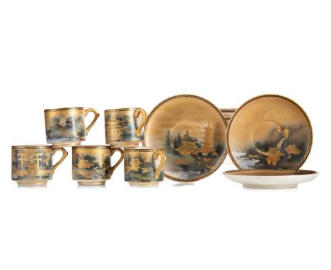 JAPANESE SATSUMA COFFEE SERVICE  MEIJI PERIOD (1868-1912) comprising six coffee cans and saucer, decorated with pavilions, la