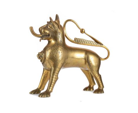 BRASS AQUAMANILE TABLE LIGHTER LATE 19TH/EARLY 20TH CENTURY in the form of a temple lion 16.5cm long