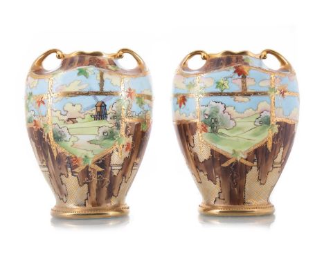 PAIR OF NORITAKE PORCELAIN VASES MID 20TH CENTURY each of tapered form with twin handles, painted with a windmill within a la