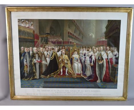 A Large Framed Coloured Print, The Coronation of His Majesty Edward VII and Queen Alexandra Published by Vivian Mansell &amp;