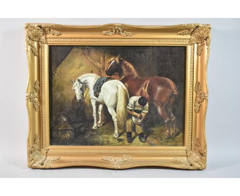A Gilt Framed Print of a Blacksmith at Work, 39x29cm 