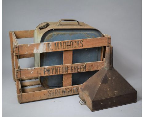 A Vintage Vegetable Box for Maddocks, Poynton Green Together with Funnel and Metal Can 