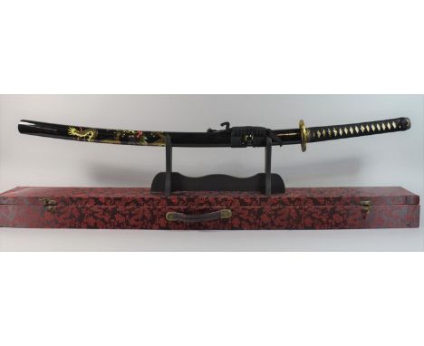 A Cased Japanese Katana with Lacquered Scabbard Decorated with Dragons, Wall Hanging Rack etc 105cm Long 