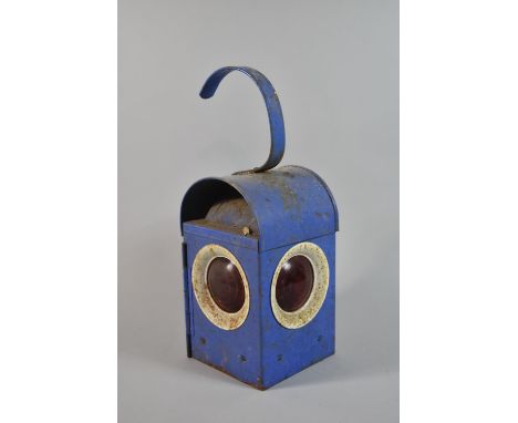 A Blue Painted Dodo Road Lamp by Bat with Red Glass, 39cm High 