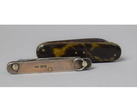 A Silver Cased Two Bladed Pocket Knife, Sheffield Hallmark Together with a Three Bladed Horn Cased Vintage Pocket Knife 
