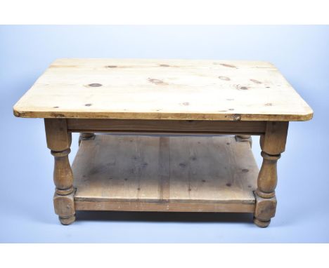 A Modern Pine Rectangular Coffee Table with Stretcher Shelf and Turned Support, 92cm Wide 