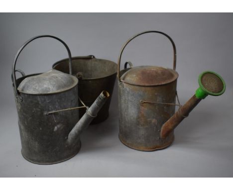 Two Vintage Galvanized Watering Cans and a Galvanised Iron Bucket 