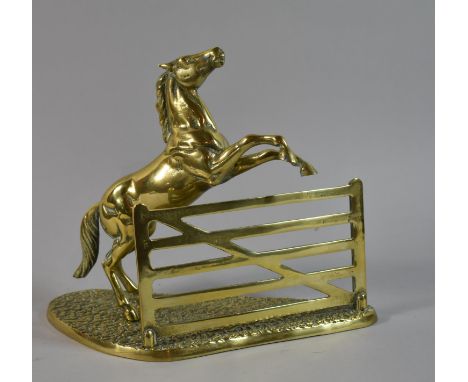 A Mid 20th Century Heavy Brass Ornament in the Form of a Horse Jumping Five Bar Gate, 29cm wide 