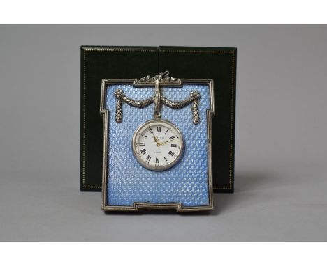 A Cased Kitney &amp; Co. Faux Blue Enamel and White Metal Desk Clock In Original Case, 9.5cm 