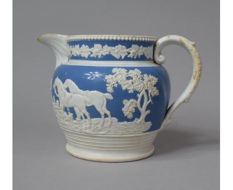 A 19th Century Tavern Jug, the Body Decorated in Relief Fox Hunting Scenes, 14cm high 