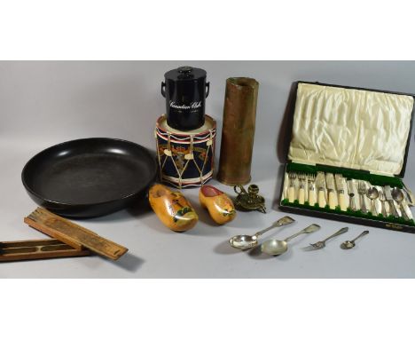 A Box of Sundries to Include Military Drum Ice Bucket and One Other, Brass Shell Case, Brass Candlestick, Silver Teaspoon etc
