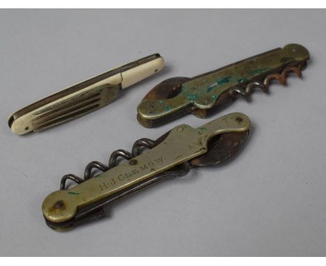 A Pair of Vintage Multi Tool Pocket Knives with Claw Hook and Corkscrew, The Nickle Case Inscribed H J Clemow Together with C