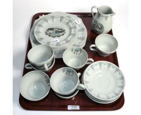 A Wedgwood 'Travel' pattern teaset designed by Eric Ravilious (1903-1942) comprising: six teacups and saucers, six side plate