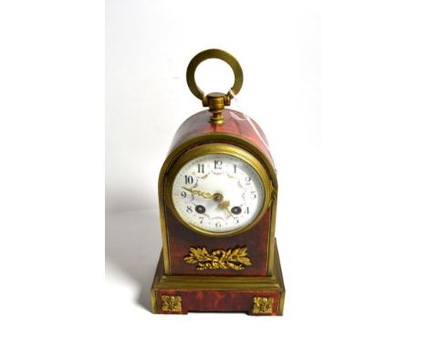 A 19th century French tortoiseshell and ormolu mounted mantel clock, twin train movement, Arabic dial, plinth base, 22cm high