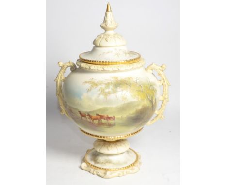 A large late 19th/early 20th century Royal China Works Worcester twin handled vase and cover, scene of cattle, gilt embellish