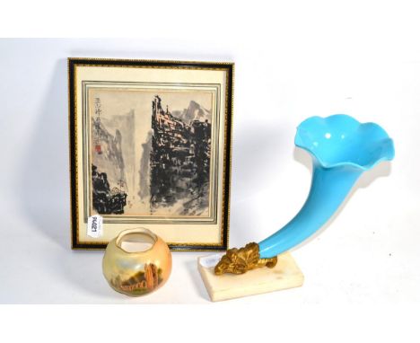 A late 19th/early 20th century blue glass cornucopia vase with rams head gilt metal mount on a square marble base, a Royal Wo