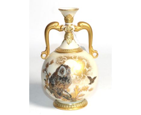 An early 20th century Royal Worcester twin handled vase, possibly Charles Baldwyn, decorated with owls, heavily gilt embellis