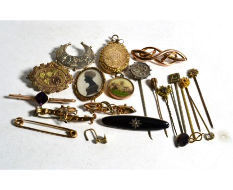 Ten stick pins, nine brooches including two silver examples; two pendants etc.  Gross weight - 53.62 grams 